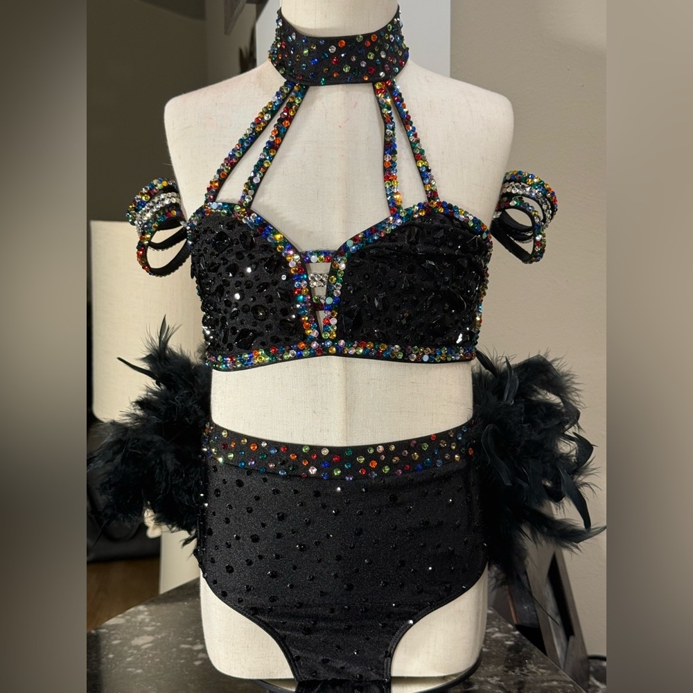 Black and Rainbow Rhinestone Dance Costume | Child Large